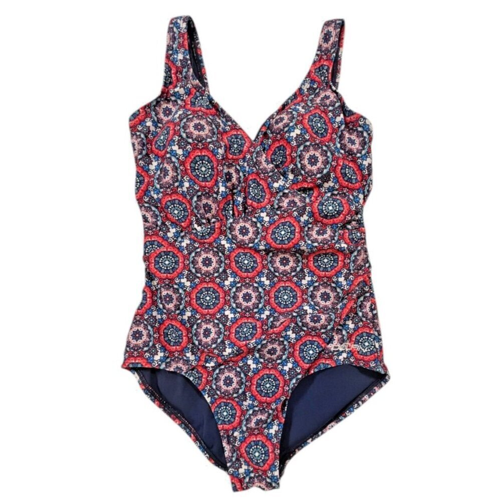 Dolfin Aquashape Mosaic Ruched Front 1-Piece Swimsuit SIZE-10